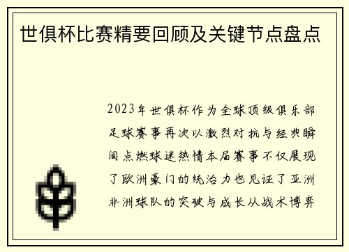 世俱杯比赛精要回顾及关键节点盘点