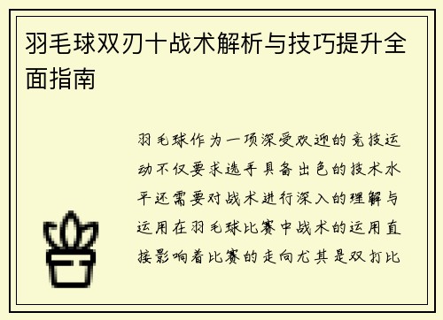 羽毛球双刃十战术解析与技巧提升全面指南
