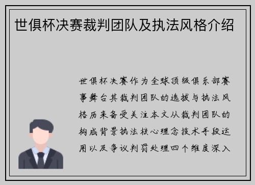 世俱杯决赛裁判团队及执法风格介绍