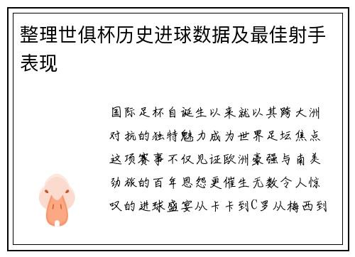 整理世俱杯历史进球数据及最佳射手表现